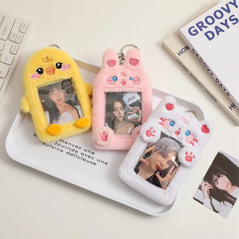 Cute Cartoon Plush Photo Card Holder With Keychain - Dog & Cat Design For Kpop IDs, Bag Decor - View #3
