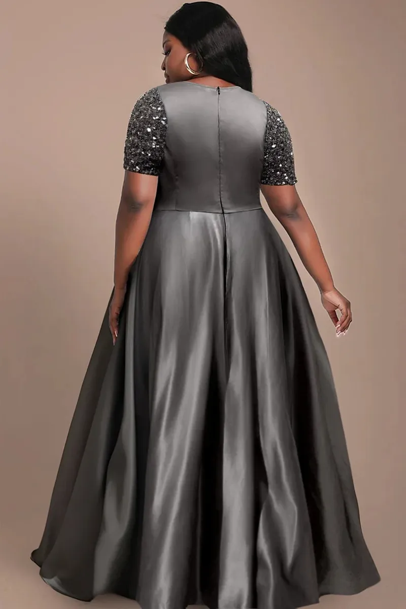 Plus Size Mother of the Bride Dress Gray Satin A-Line V-Neck Short Sleeve  Floor-Length Wedding Gown with Beaded Detail from Dhgate Mother's Dresses -  price 139.9