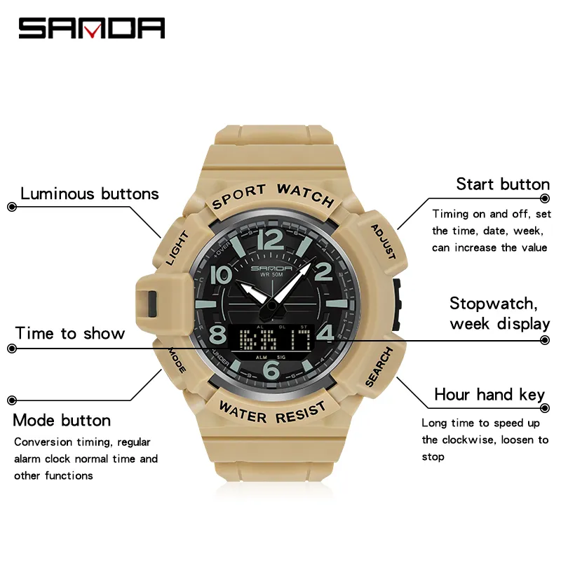Montre Tonshen montre homme 50m etanche led électronique alarma