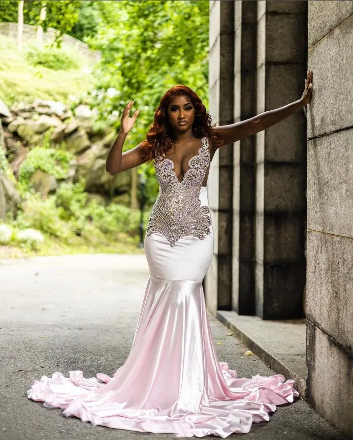 Pink Satin Mermaid Dress ODESSA Embellished Glitter Satin Mermaid