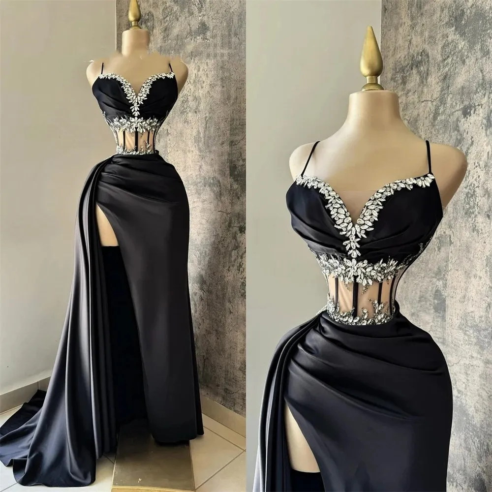 black mermaid halter neck satin formal dress Classy Halter Deep V-Neck Satin Mermaid Prom Formal Dress with Slit –  Modsele main image 0