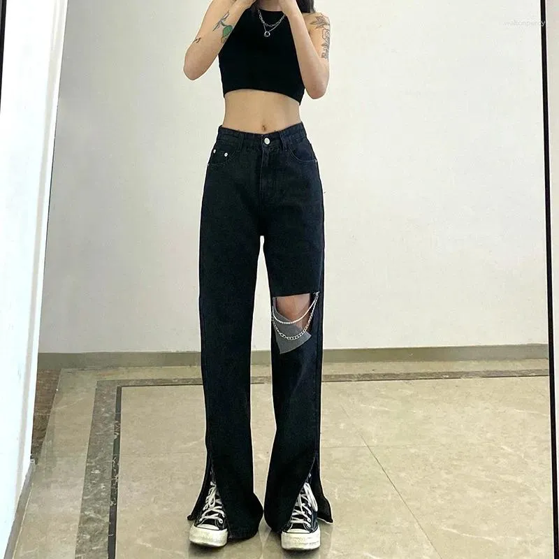 Save Big on Bulk Black Ripped Jeans With Chain Black Ripped Jeans Womens  High Waisted Trouser Jeans With Chain Detail Distressed Denim Pants For