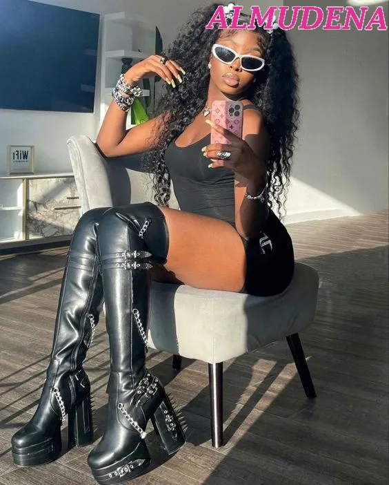 Save Big on Bulk Black Chunky Heels Platform Ankle Boots Studded Black  Platform Knee High Boots Woman Round Toe Leather Booties Punk Cool Metallic 