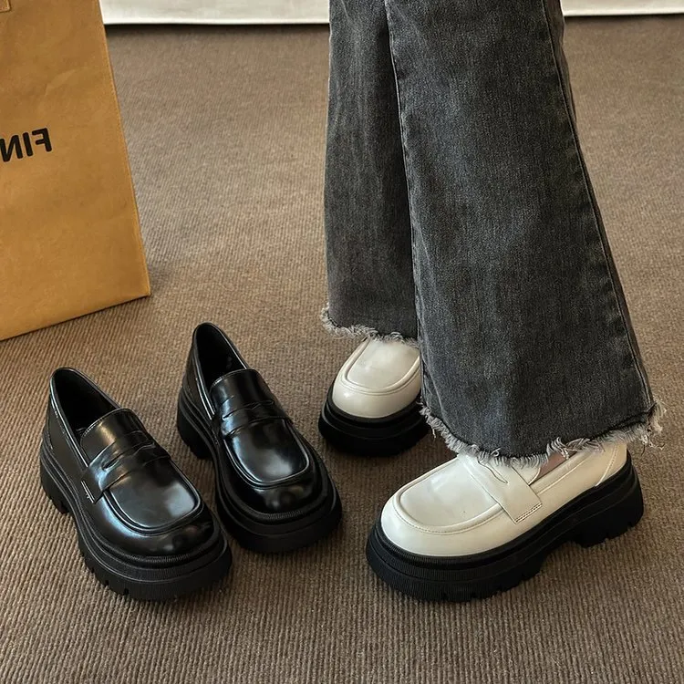 Mocassins Femme à Enfiler - Style Britannique, Semelle Caoutchouc Antidérapante, Talon épais - Confort Journée & Travail