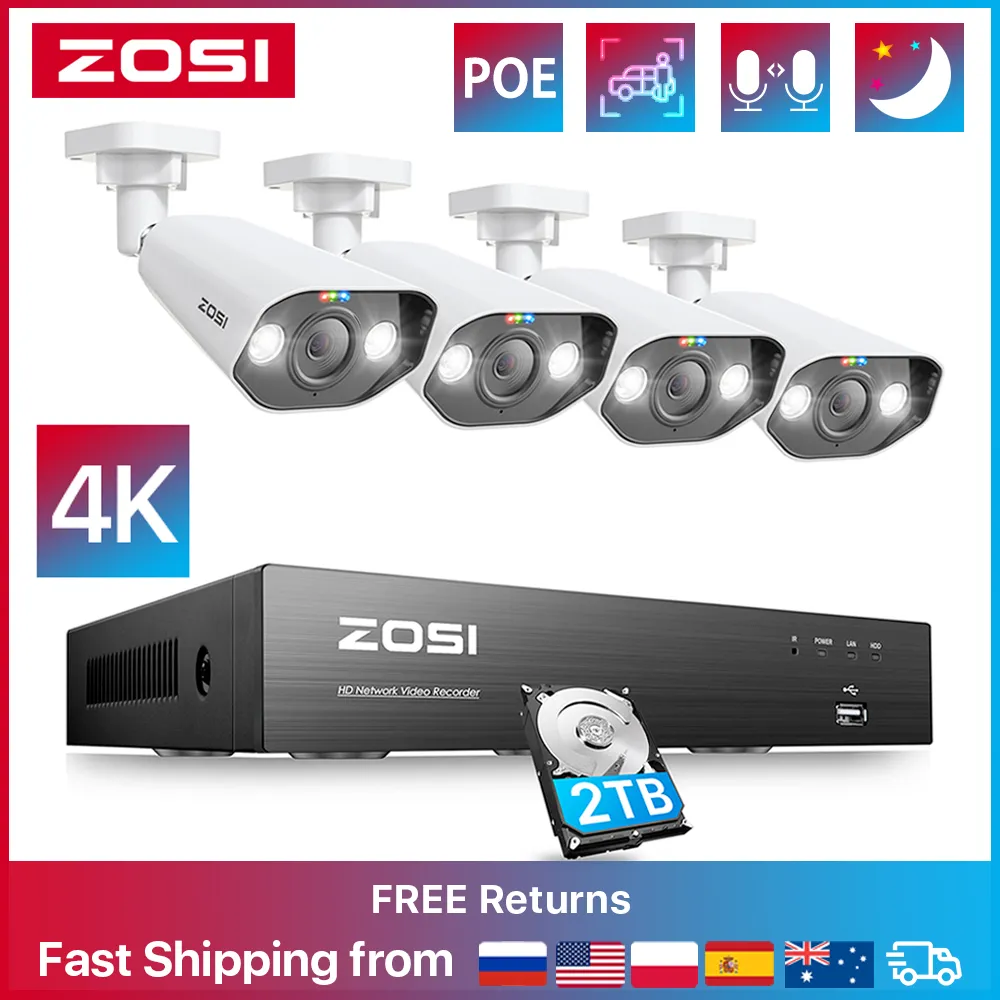 ZOSI 8MP 4K PoE NVR Kit with Spotlight Siren Outdoor Cameras for Home  Security