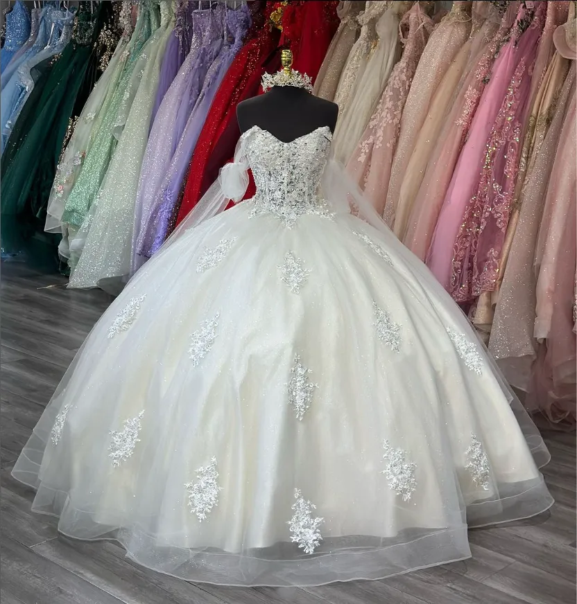 Pure White Sheath Birthday Ball Gowns Sparkling Diamonds Pearls Sequins Tulle Party Dresses New Sweet Applique Quinceanera Dresses