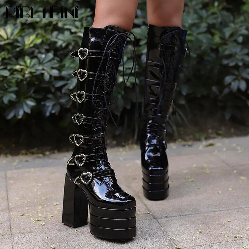 Retro Punk Heart Platform Chunky Heel Boots for Women Winter Goth  Motorcycle Comfy Casual Buckle Booties