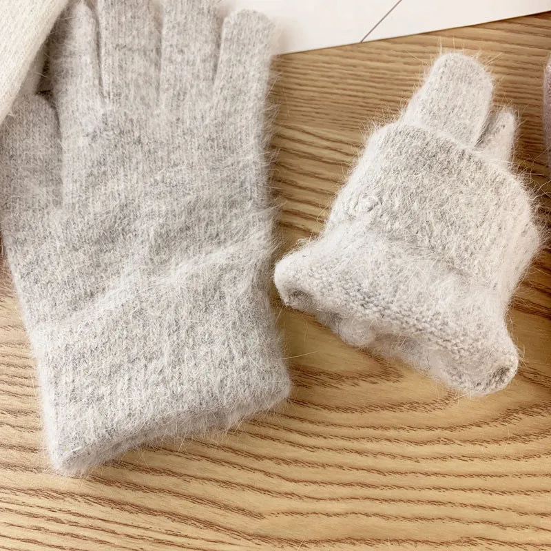 Womens Knit Gloves Winter Knitted Full Finger Mittens, Thickened