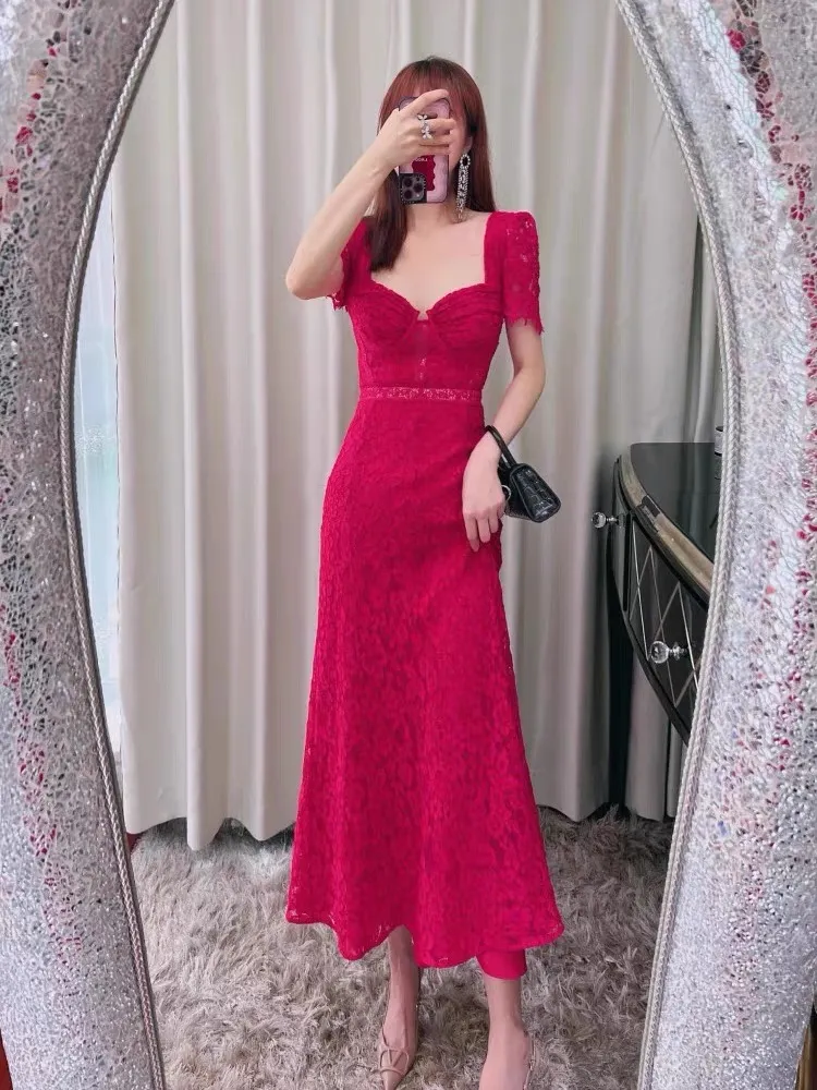 Red Lace Long Evening Dress 2024 Self Portrait Style