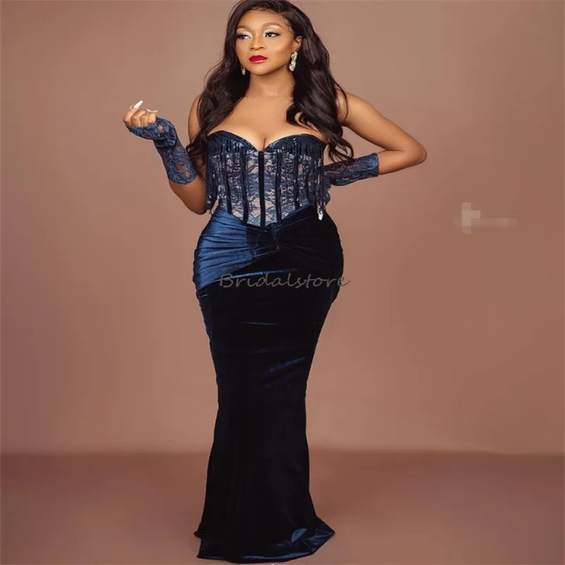 navy prom dresses 2024 Long Navy Blue Lace Split Prom Dress