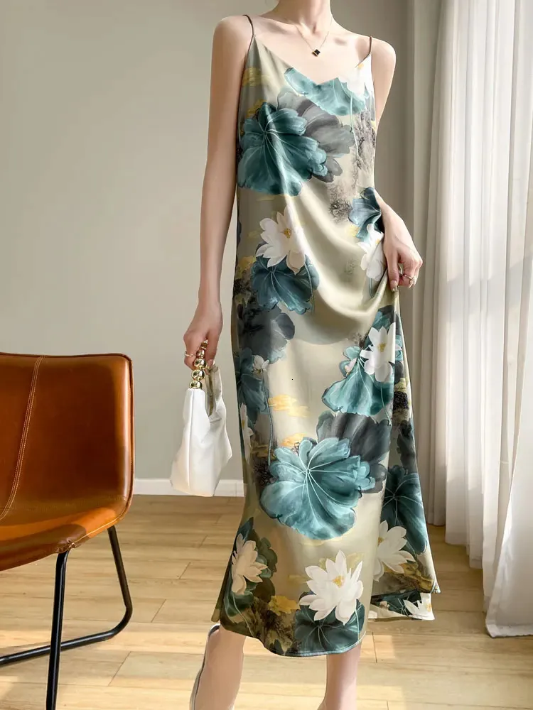 Spring and Summer Womens Satin Floral Suspender Skirts - Colorful Silky Dresses - Cool Comfortable Casual Wear Spring and Summer Womens Satin Floral Suspender Skirts - Colorful Silky Dresses - Cool Comfortable Casual Wear