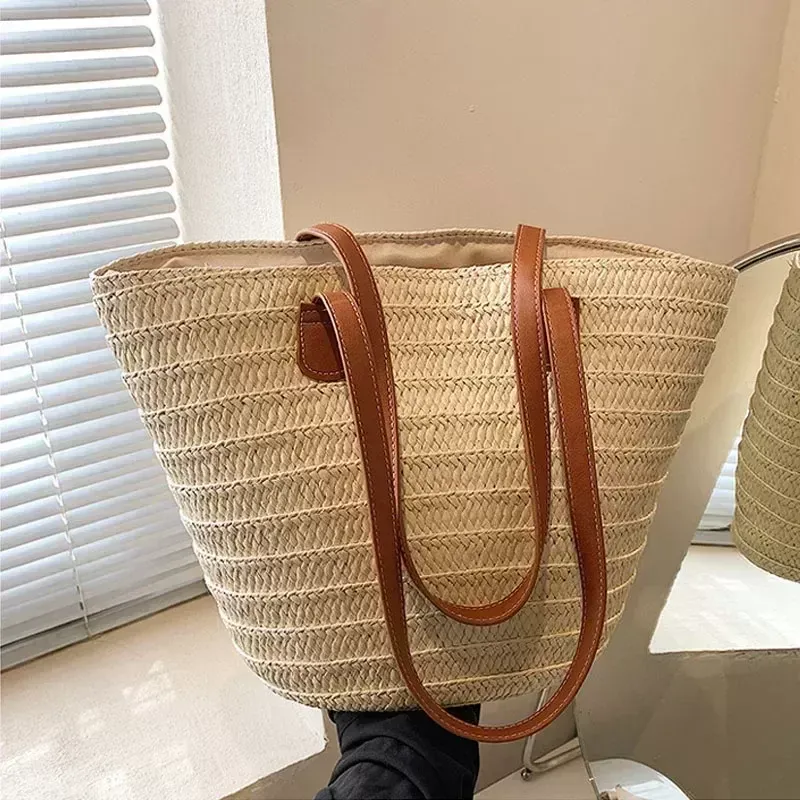 Women's Straw Summer Beach Shoulder Bag - Handmade Tote With PU Leather Straps, Zipper Closure
