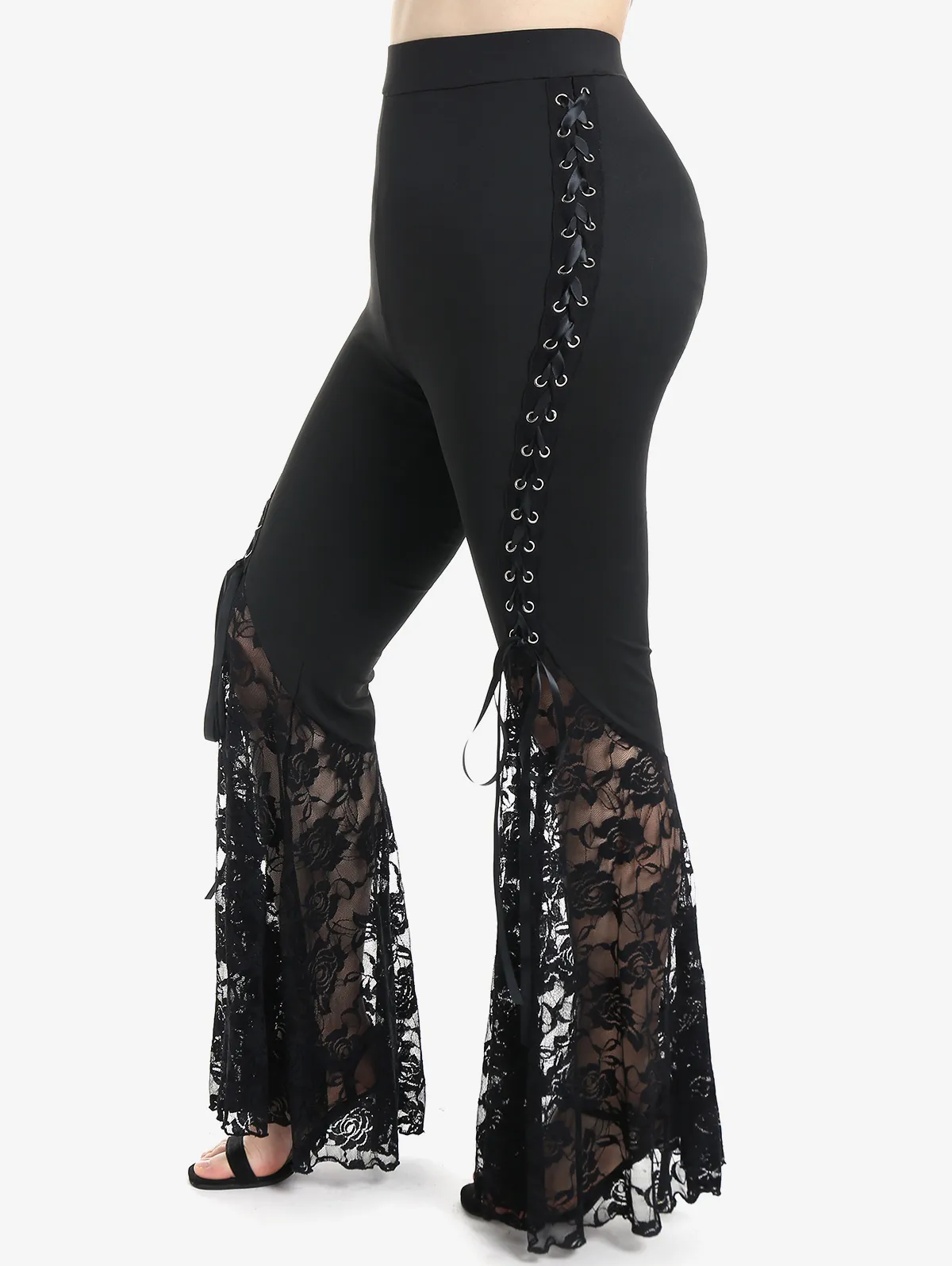 Chic Gothic Black Lace Panel Flare Pants High Waist Skinny
