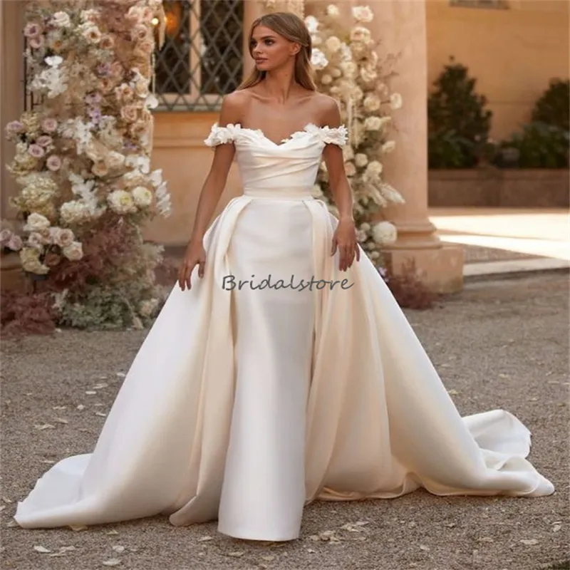 Chic Mermaid Wedding Dresses With Overskirt Train Soft Satin In