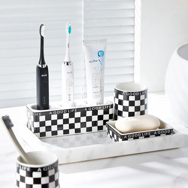 Bath Accessory Set Bathroom Grid Pattern Toothbrush Cup Toothpaste ...