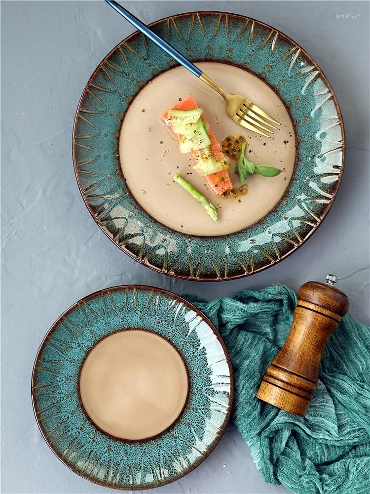 DHgate Peacock Blue Green Ceramic Steak Plate Western European Flat Tableware Dinnerware Home Garden