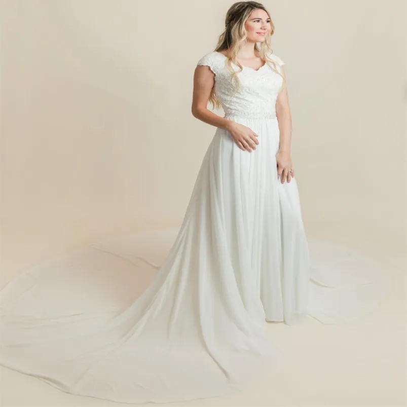 Custom-made Lace A-Line White rehearsal dinner dress with Beaded Appliques, Cap Sleeves, V-Neck, and Open Back - Modest and Informal LDS Bridal Gown Custom-made Lace A-Line White rehearsal dinner dress with Beaded Appliques, Cap Sleeves, V-Neck, and Open Back - Modest and Informal LDS Bridal Gown