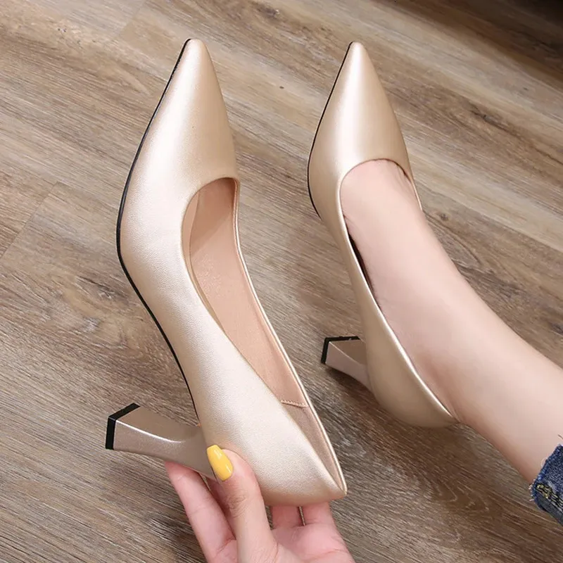 Champagne Gold Pumps Woman 7cm Strange High Heels Ladies Solid Leather Bridal Shoes Princess Stewardess Dress Big Size 43 240620