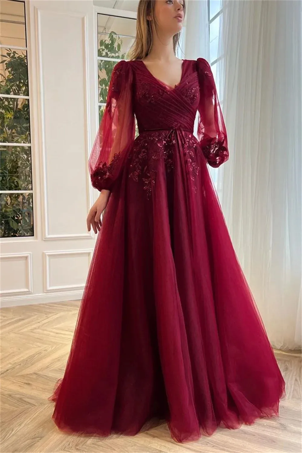 Wine Red Formal Evening Gown V-Neck Sequined Lace Tulle Prom