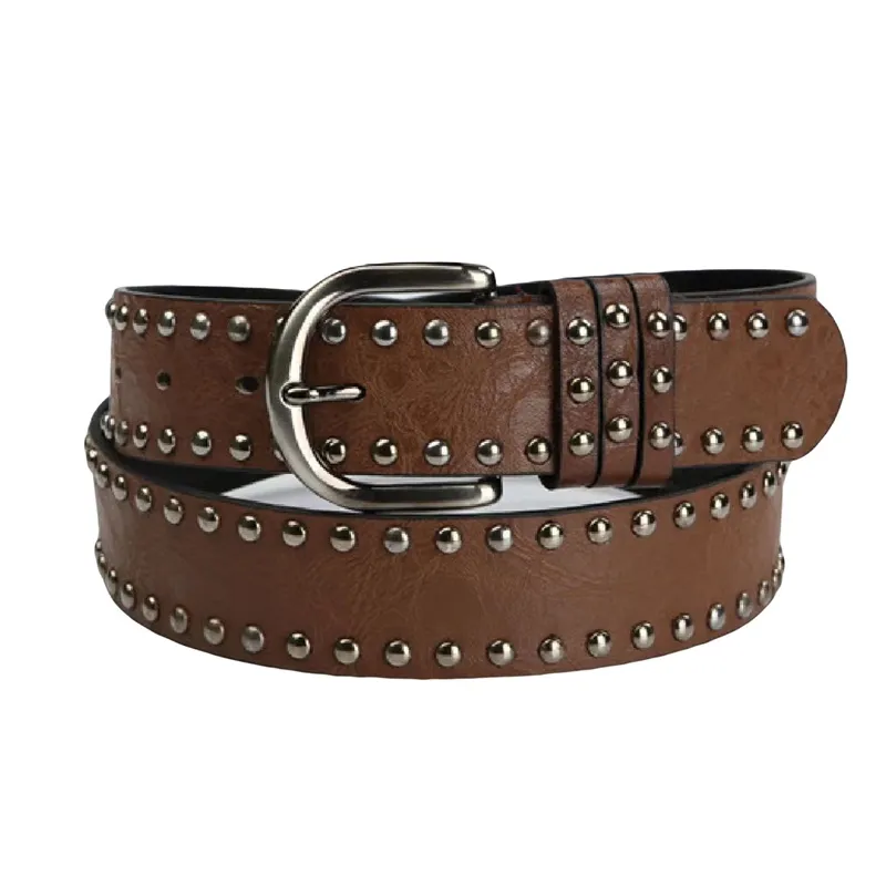 Rivet Metal Leather Belt Womens SZ 36 Brown Buckle Grunge Punk Rocker Cosplay CENLLE Vintage Rivet PU Belt Grunge Metal Ring Buckle  main image 2