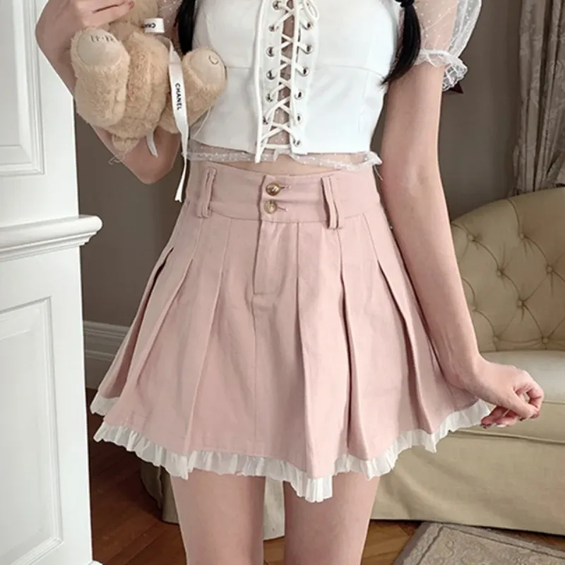 2024Kawaii Pink Pleated Skirt, Japanese Cute Lace Patchwork