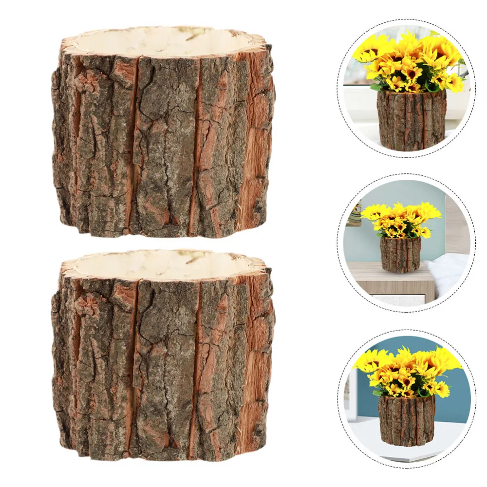 Set of 2 Wooden Tree Stump Planters - Rustic Decorative Indoor/Outdoor ...