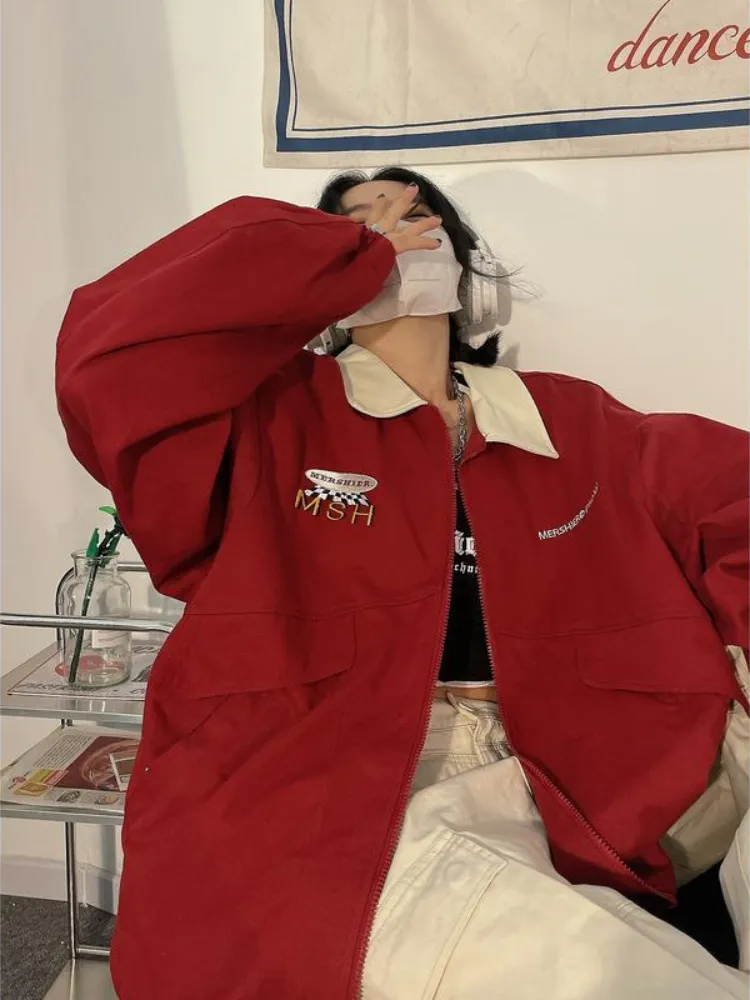 Womens Red Bomber Jacket Oversized 2024 Y2K Streetwear Retro