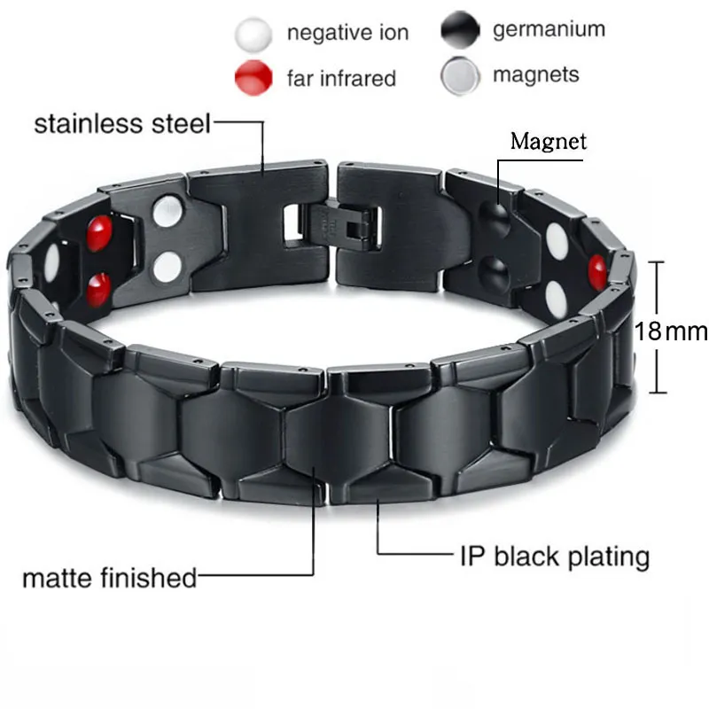 Black Stainless Steel Magnetic Health Bracelet For Men - Cross Charm & Pain Relief