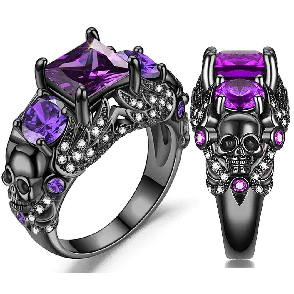 Black Gothic Crystal Vampire Rings for Women, Halloween Skull Punk