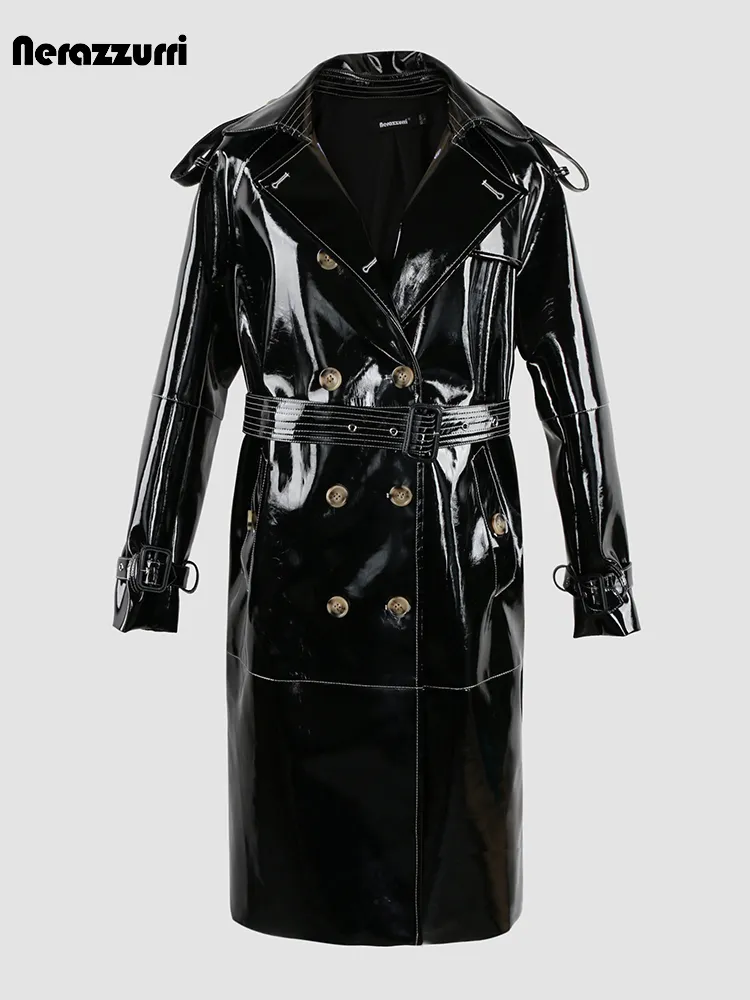 Womens Autumn Shiny Patent Pu Leather Trench Coat with Belt