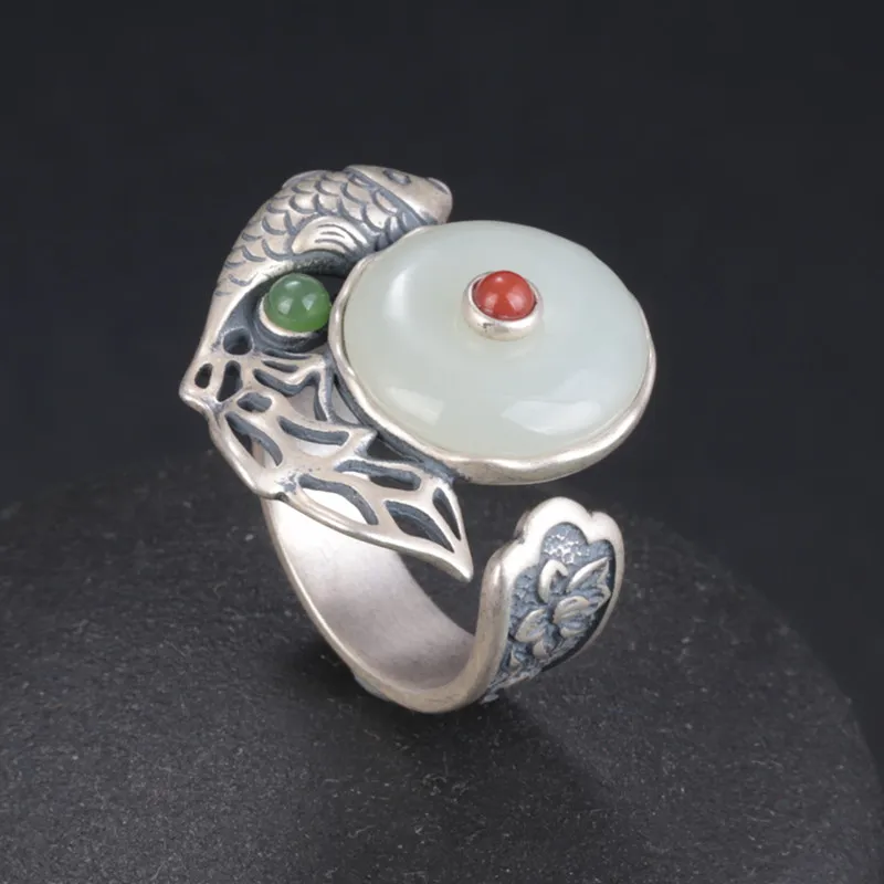 Vintage Ethnic Sterling Silver Fish Ring With Jade Flower Detail