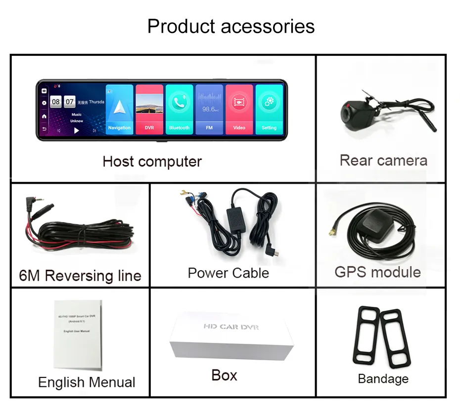 Car black box Android 8.1 12 inch rearview mirror dual lens FHD 1080P ...