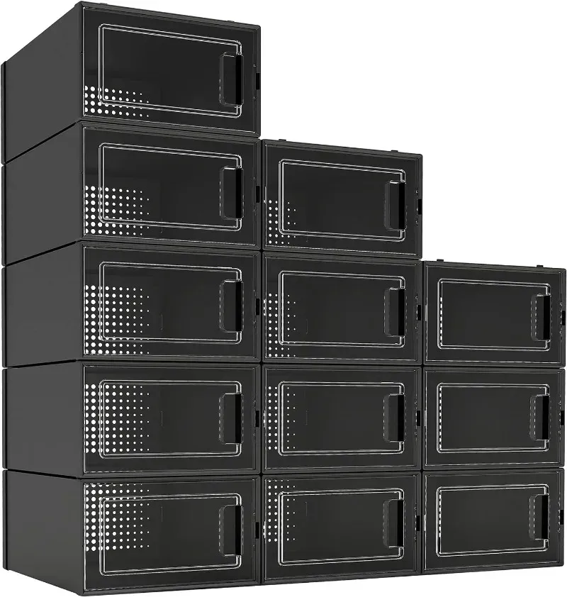 12 Pack Shoe Organizer Boxes Black Plastic Stackable Shoe Storage