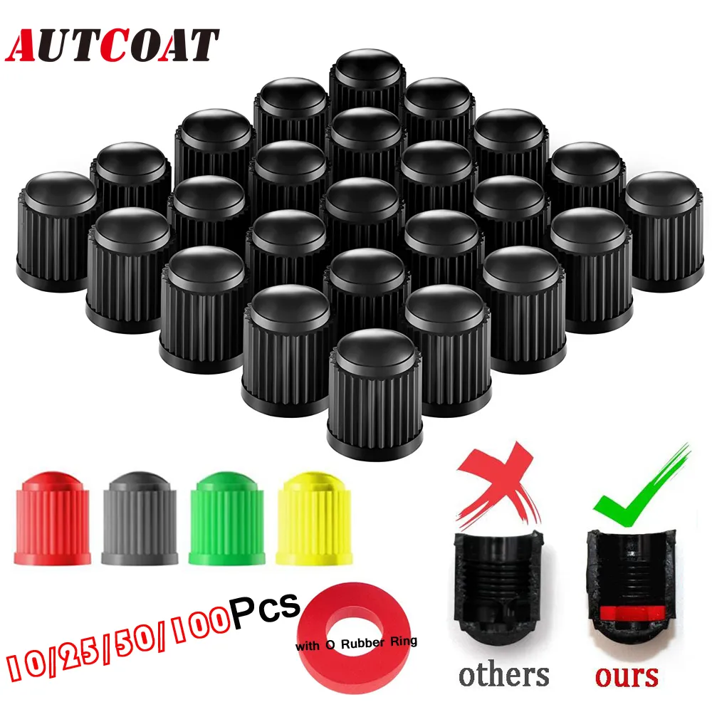 Guirnd 100PCS Tire Valve Caps With Rubber O-Ring – Black Plastic, Universal Fit