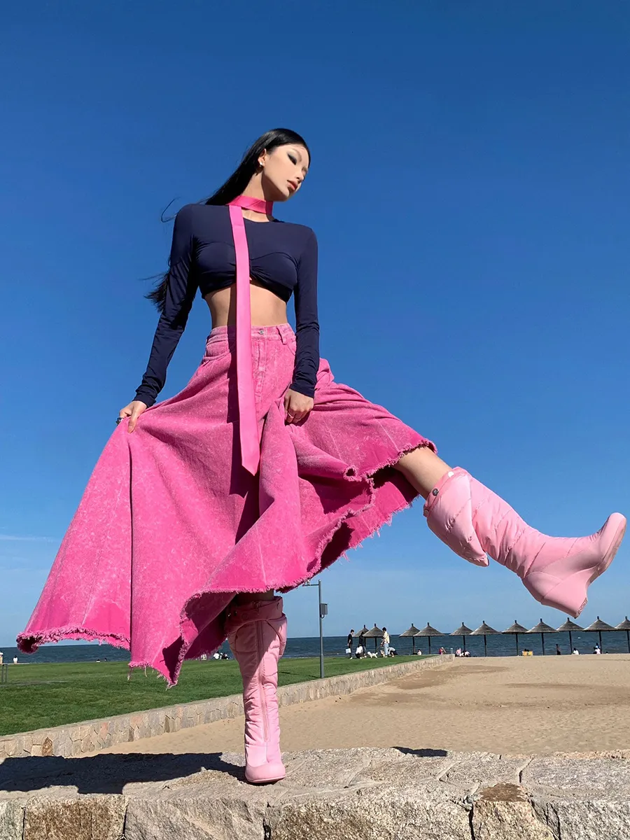 Pink denim maxi skirt hot sale