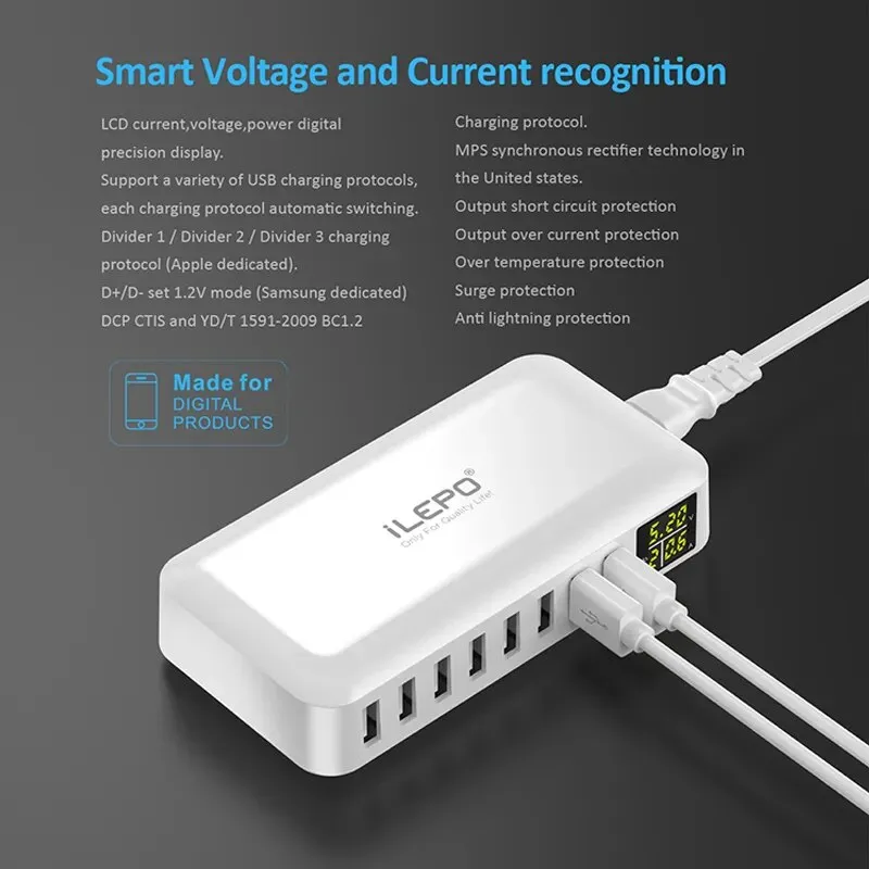 8-Port 40W USB Charger Hub w/ LED Display - Fast Charging