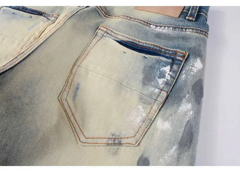 Mens Vintage Split Painted Jeans Blue And Yellow Designer Fit_voghion.com
