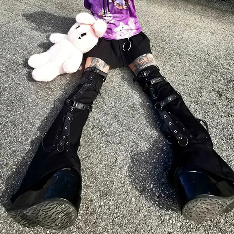 Fall Winter Black Metal Buckle Leg Warmers Knitted Punk