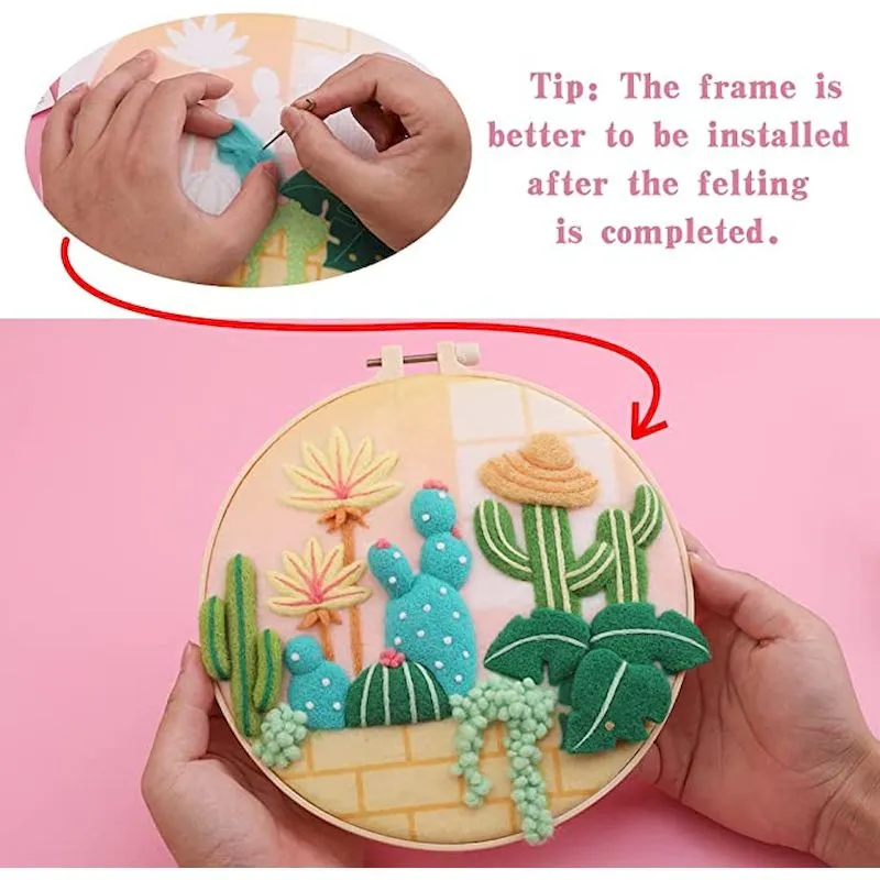 RUOPOTY DIY Needle Felting Wool Roving with Embroidery Cactus Frame ...