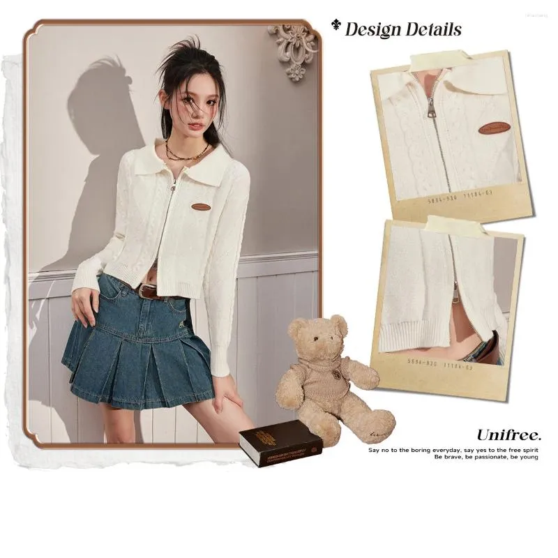 UNIFREE Korean Fashion Womens Short White Cropped Cardigan Casual 