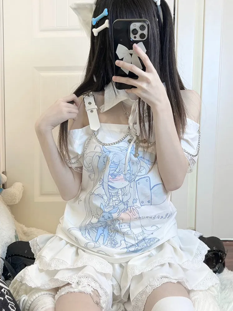QWEEK Y2k Kawaii Anime Printed T Shirt Women Harajuku Goth Graphic