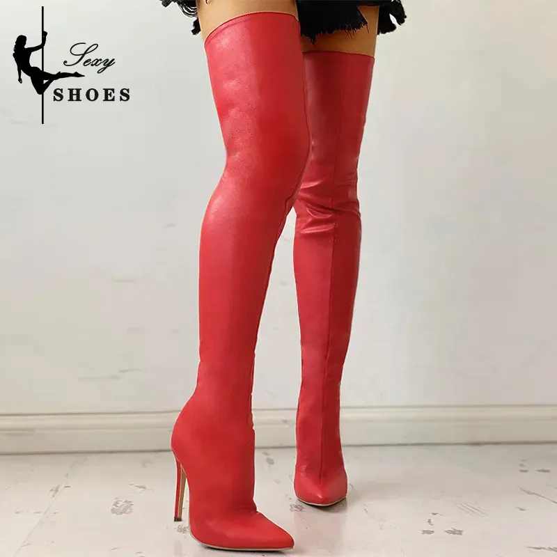 Pointy Toe Thigh High Boots Matte Black Stilettos, Plus Size Available  Shop Now!