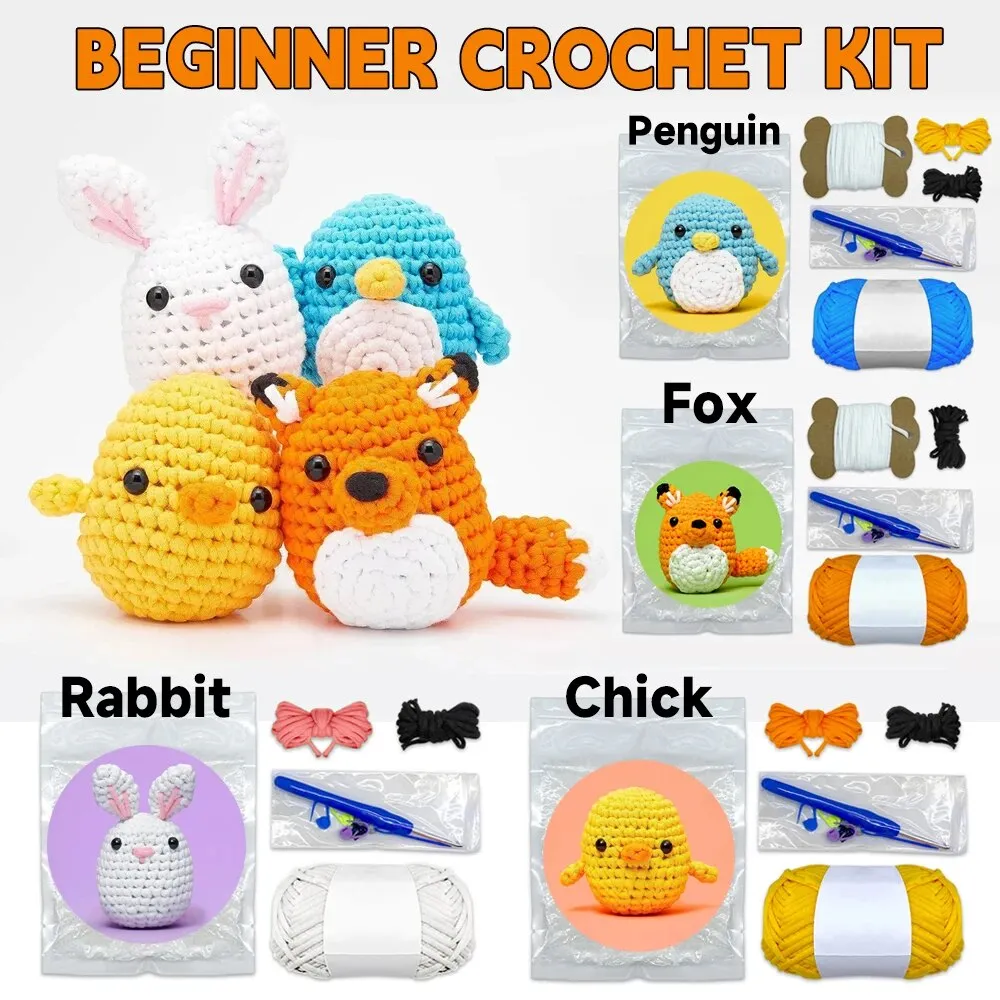 Kit Crochet Débutant FREEBLOSS - 4 Animaux à Realiser - Instructions Vidéo - Inclus Laine Et Accessoires