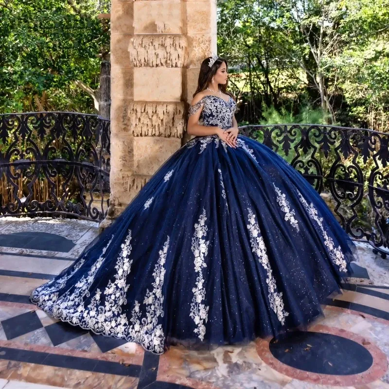 Navy Blue Quinceanera Dress Ball Gown Off Shoulder Silver Lace Applique Beaded Tulle Corset from Dhgate Quinceanera Dresses - price 330.1 Navy Blue Quinceanera Dress Ball Gown Off Shoulder Silver Lace Applique Beaded Tulle Corset from Dhgate Quinceanera Dresses - price 330.1