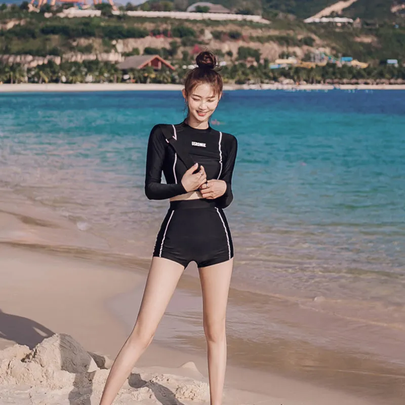 Long Sleeve Rash Guard Two Piece Swimsuit With Bottoms And Boyleg Black Spandex Shorts For Women From Homepro6 21.53 DHgate.Com