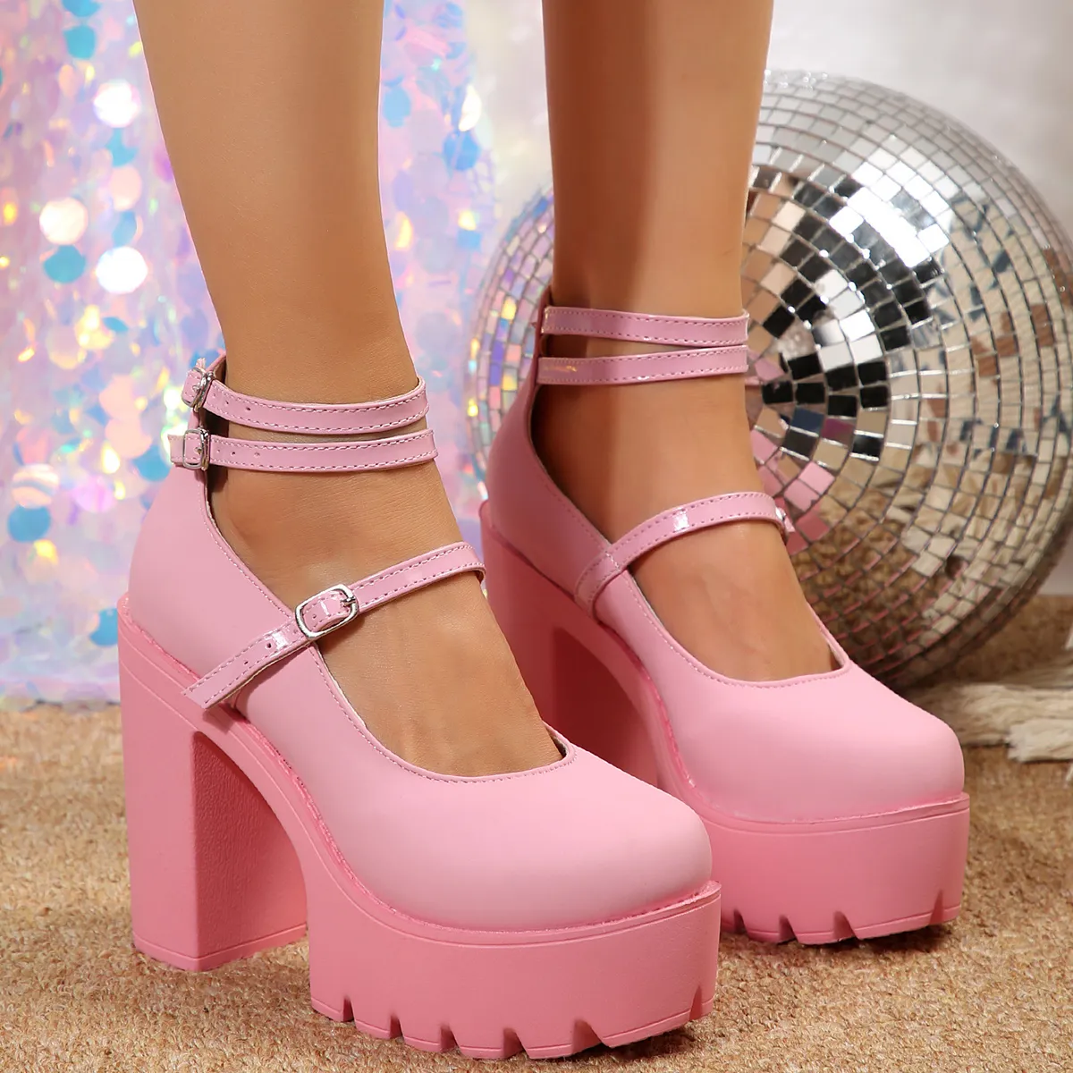 Pink thick heel shoes deals