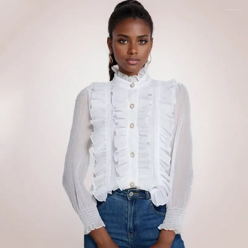 Chic Korean Style Button Front Blouse With Lace Ruffle And Stand 