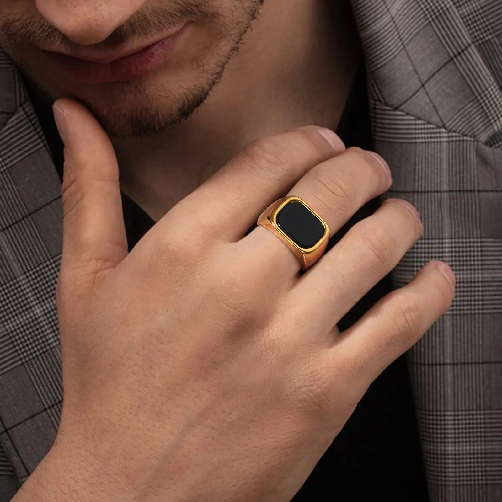 DHgate.com:Vnox Mens Geometric Signet Ring, Black Rectangle