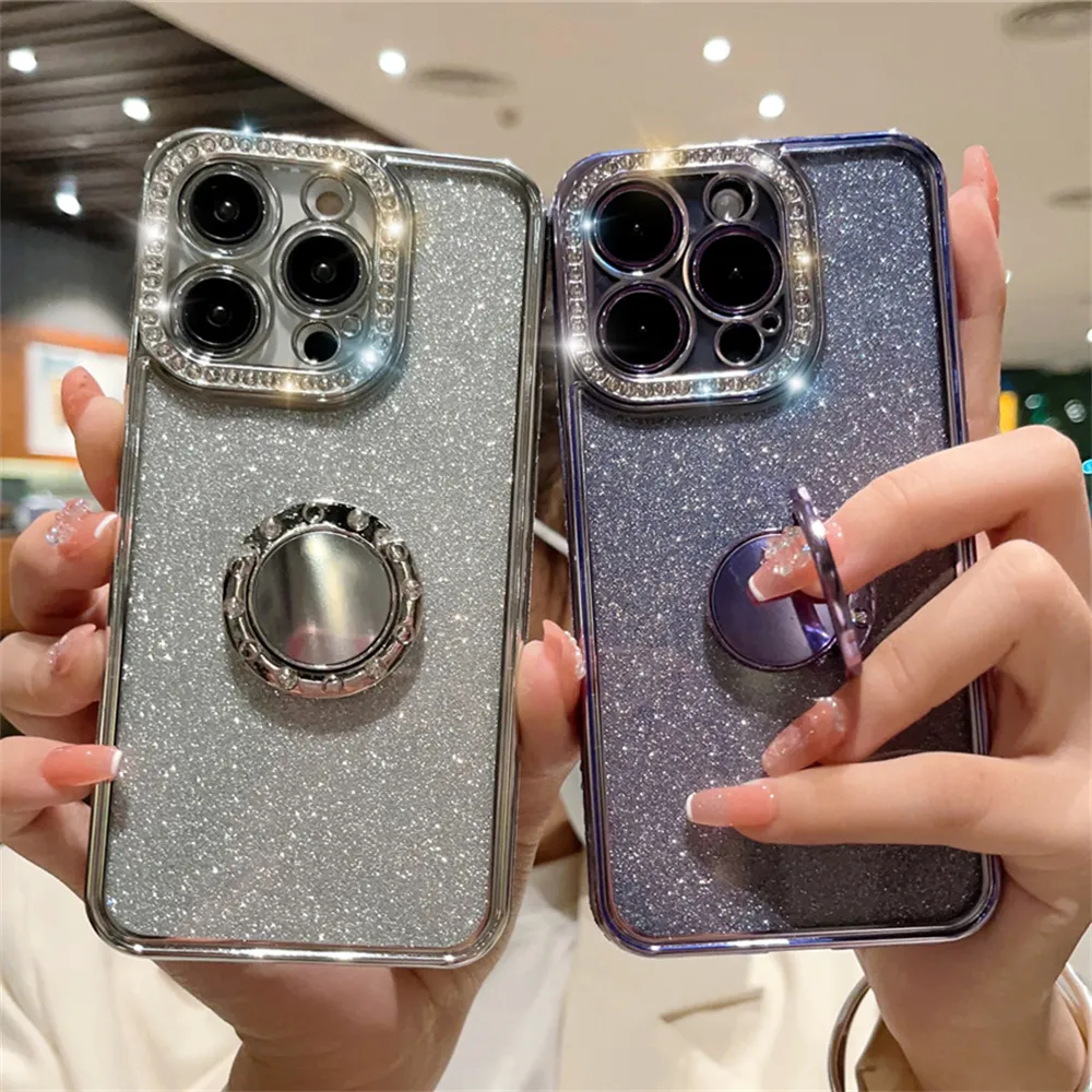 Phone Rhinestones Luxury Plating Glitter Rhinestones Ring Holder Clear Silicone Case for ...