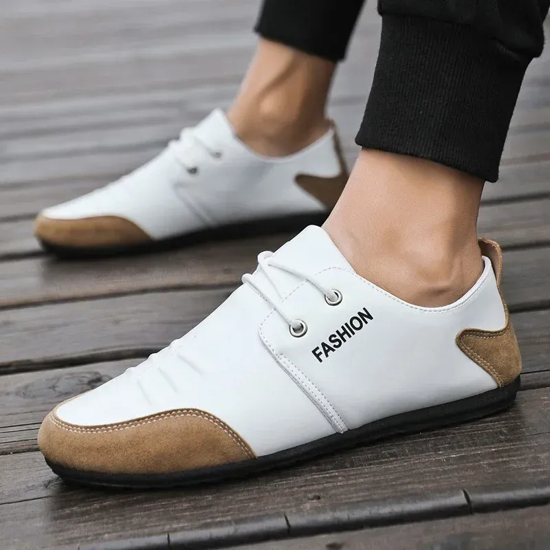 Men's White Leather Flat Shoes Breathable Casual Sneakers for Summer